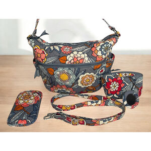 3 pc. Set Vera Bradley Shoulder /Crossbody Bag Medium Gray/Blue Floral zipper